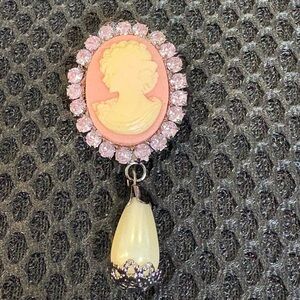 Vintage Cameo Brooch Pin with Sparkling Pink Rhinestones